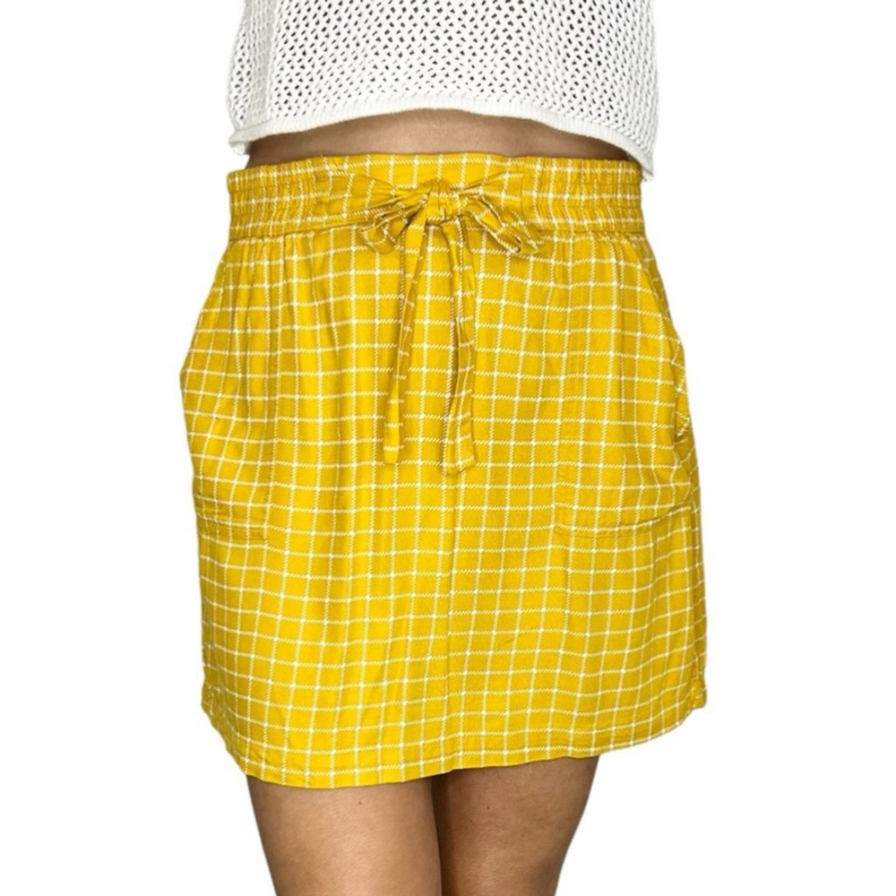 Simons TWIK golden yellow white windowpane print flowy mini skirt M